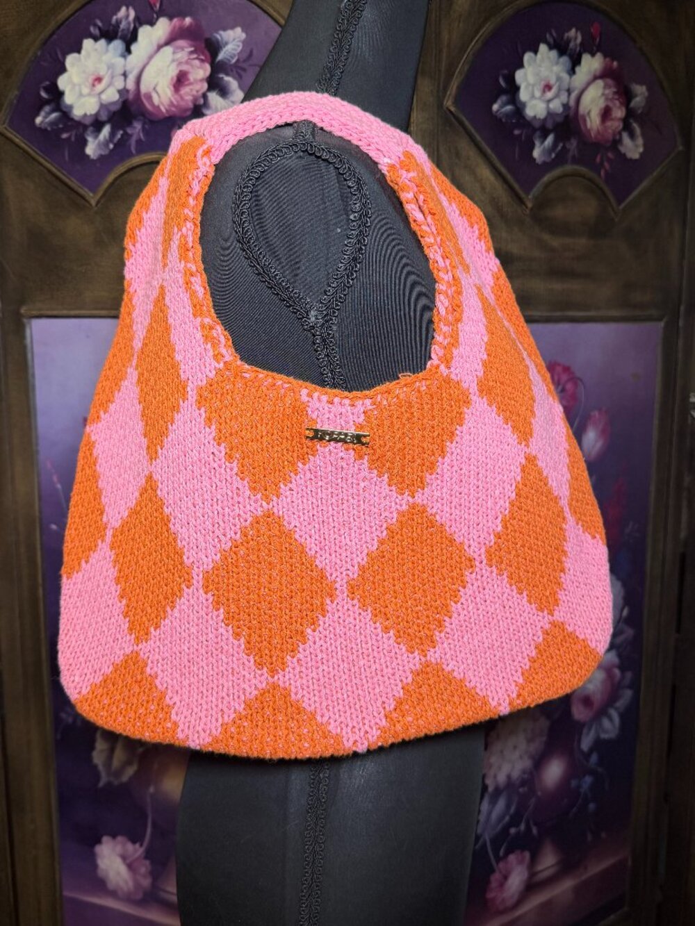 KOPARI Pink Orange Argyle Knit Hobo Shoulder Bag